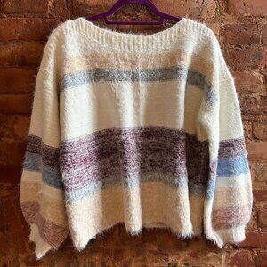Striped, fuzzy, boatneck Venus Sweater